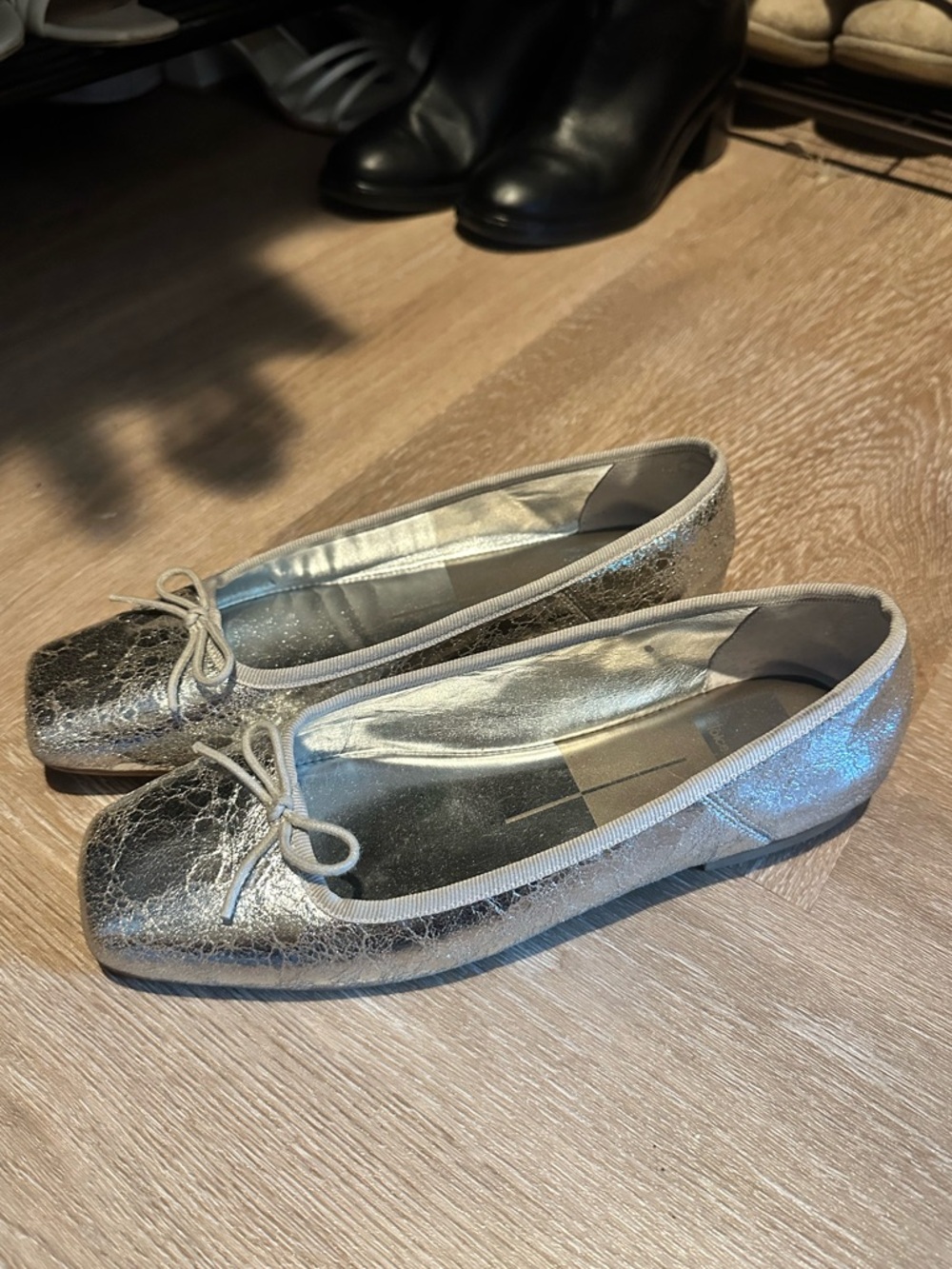 Dolce Vita Metallic Silver Square-Toe Ballet Flats with Bow